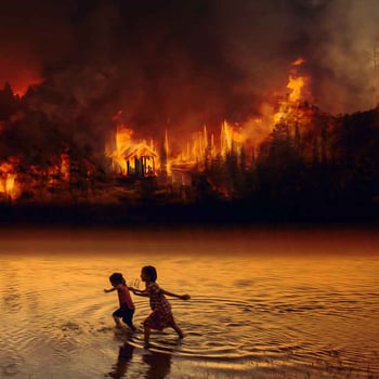 Klimawandel-Bild Waldbrand und flüchtende Kinder